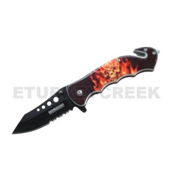 "Flaming Skull "Rescue Action Assist Knife 4.75" Closed with Clip